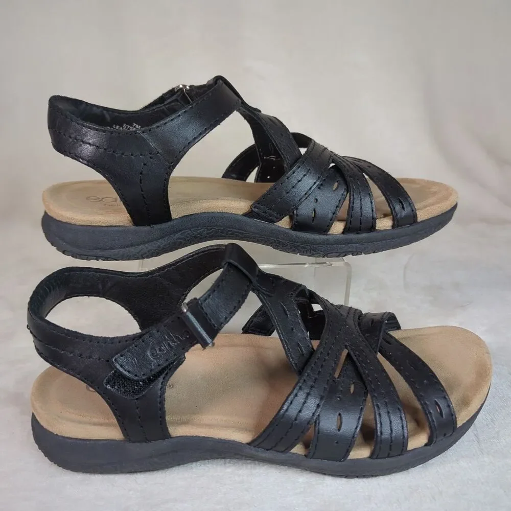 Earth Origins Etsellie Leather Strappy Sandal Womens 7 Black Cushioned Walking - Picture 2 of 10
